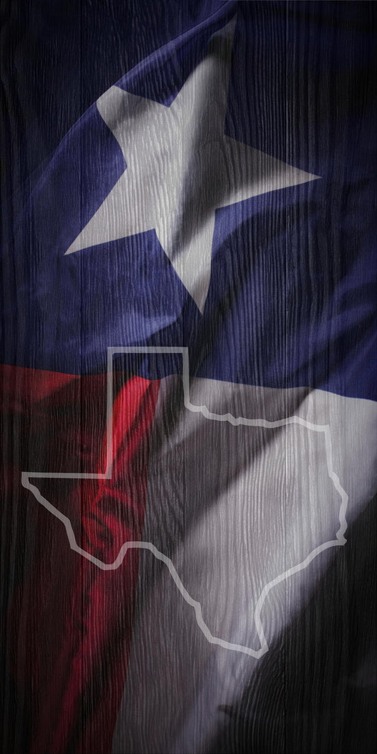 Texas Flag, State of Texas Outline with Dark Wood Background Cornhole Board Wrap - Dunkin Custom Woodworks